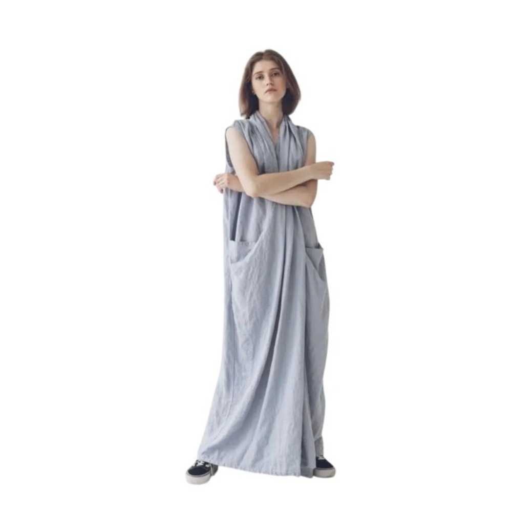 Epic Linen Grey Lagenlook Maxi Dress Pockets Minimalist Art to Wear Linen